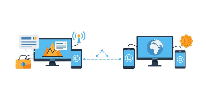 Digital communication and data synchronization between multiple electronic devices. EPS Editable. Vector Illustrations.