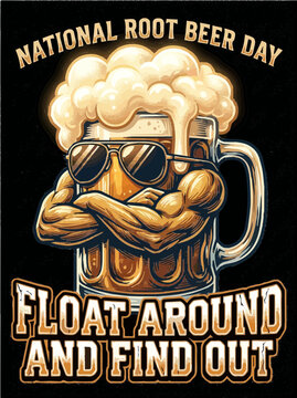 Funny Muscular Root Beer Mug Character Illustration - Float Around and Find Out National Root Beer Day Meme