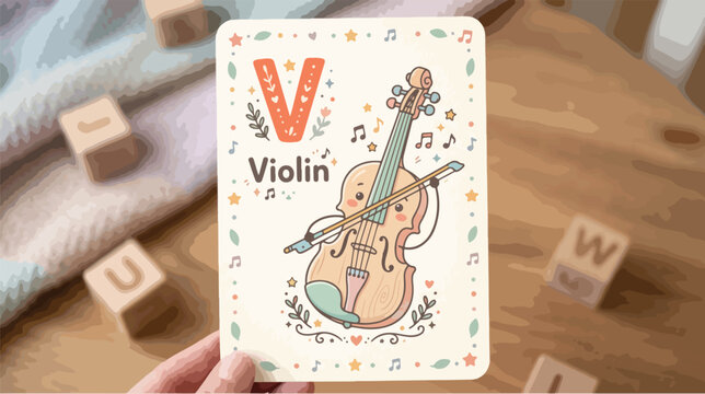 A hand holding a children's educational flashcard featuring a cartoon violin with musical notes on a wooden table with wooden blocks