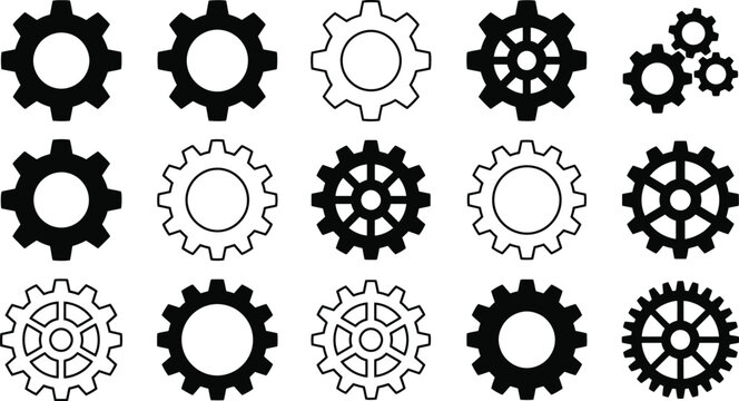 Collection of fifteen black and white gear featuring various cogwheel with different tooth counts and internal spoke patterns arranged in a grid on a white background