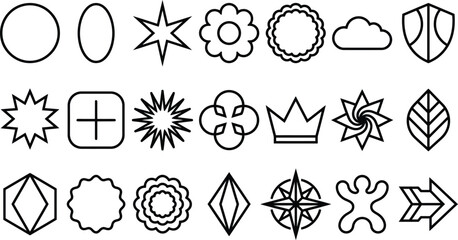 Fototapeta premium Collection of twenty one black outline geometric shapes and arranged in a grid including circles stars flowers clouds shields crowns leaves arrows and abstract symbols on a white background