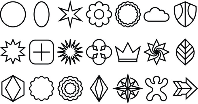 Collection of twenty one black outline geometric shapes and arranged in a grid including circles stars flowers clouds shields crowns leaves arrows and abstract symbols on a white background