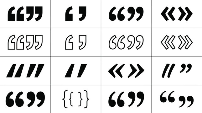 Collection of various black and white quotation mark symbols and typographic punctuation arranged in a grid pattern on a white background