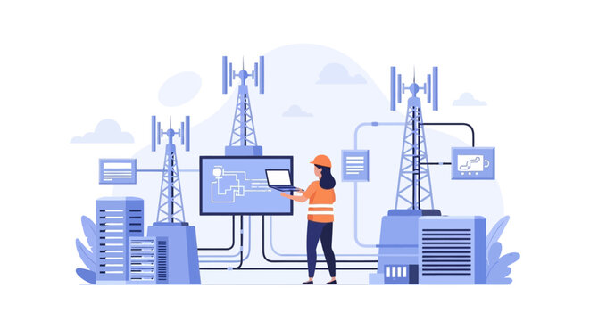 Engineer monitoring telecommunications network infrastructure with digital dashboard. EPS Editable. Vector Illustrations.