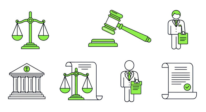 Justice and Law Icons: Scales, Gavel, Courthouse, Lawyer, Document