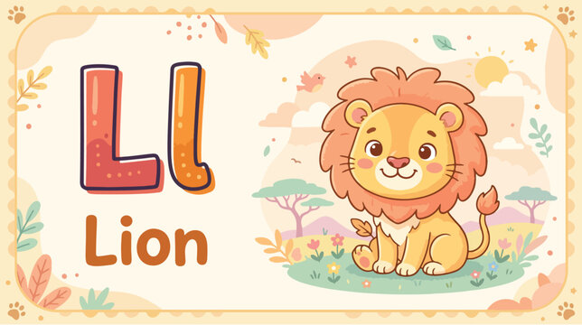 Children's educational flashcard featuring a cartoon lion with the letter Ll for learning, in a colorful and playful design
