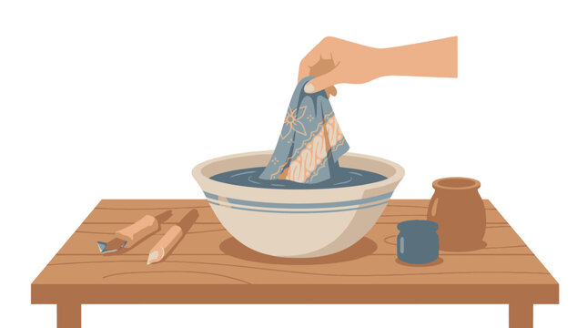 Traditional Batik Making Process with Hand Dipping Fabric into Dye Illustration