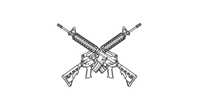 Crossed Assault Rifles Illustration, Military Weapon Line Art