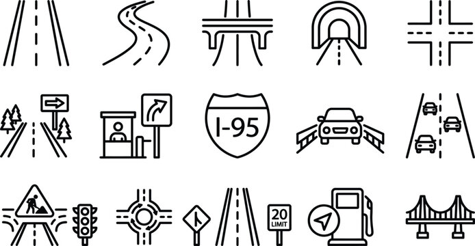 Set of black and white road and transportation featuring highways tunnels bridges traffic signs intersections toll booths cars and fuel stations in a simple linear style
