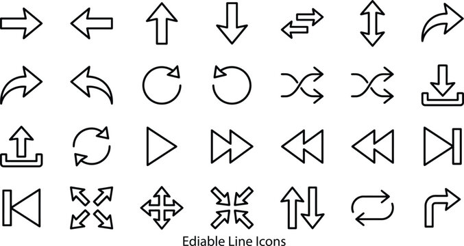 Set of black outline arrow featuring various directions movements and navigation symbols including repeat shuffle upload download fast forward rewind and resize cursors on a white background