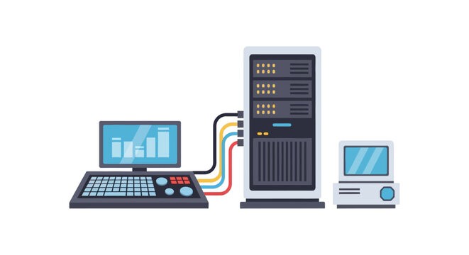 Illustration of a server rack connected to a computer workstation and a terminal. EPS Editable. Vector Illustrations.