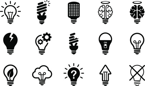 Set of fifteen black and white light bulb featuring various shapes including brain gears leaf cloud question mark arrow and broken filament on a plain white background
