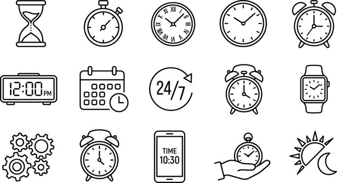 Set of fifteen black and white line depicting various timekeeping devices calendars gears and day night cycles isolated on a white background