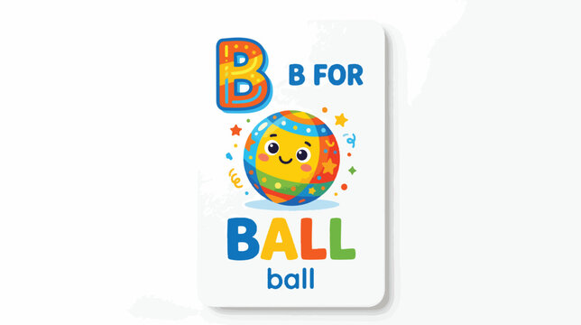 A children's educational flashcard displaying a smiling cartoon ball with colorful letters and decorations on a white background