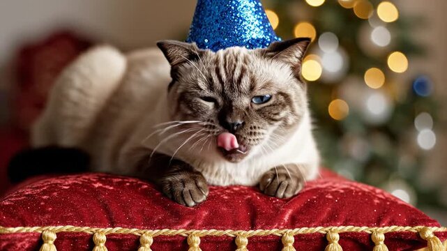 Siamese cat wearing blue party hat on red velvet pillow