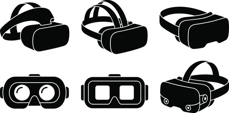 Set of six black silhouette of virtual reality headsets showing different angles and of wearable technology devices for gaming and simulation experiences on a white background