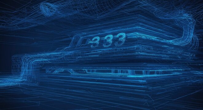 Futuristic 3D Wireframe Structure with Glowing Numbers