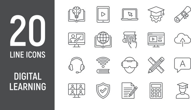 Set of twenty digital learning line featuring education symbols like graduation caps books computers tablets and virtual reality headsets in a minimalist grey outline style on white background