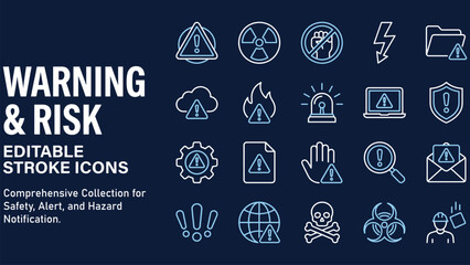 Fototapeta premium Set of twenty warning and risk line featuring hazard symbols radiation fire alert laptop shield gear document hand magnifying glass skull biohazard and construction worker on dark blue background