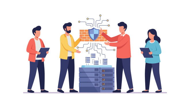 IT team managing network firewall and server security. EPS Editable. Vector Illustrations.