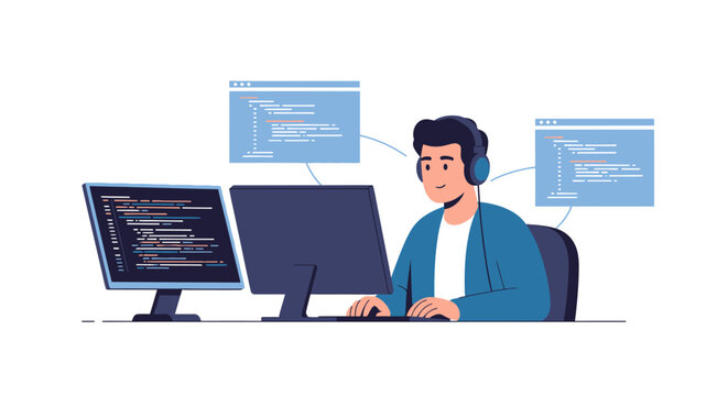 Male programmer working on multiple computer screens. EPS Editable. Vector Illustrations.