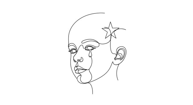 Abstract continuous line drawing of a crying face with a star, minimalist art