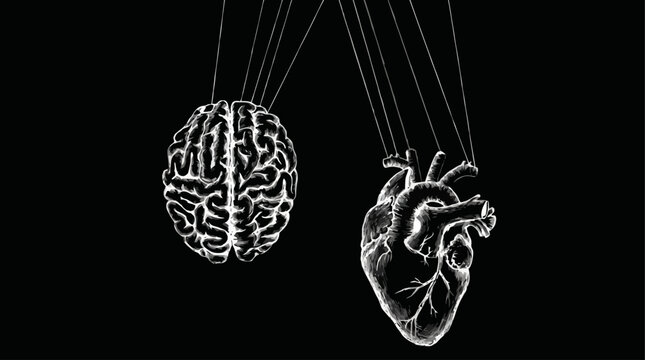 Detailed black and white illustration of a human brain and heart suspended by strings, symbolizing the connection between mind and emotion.