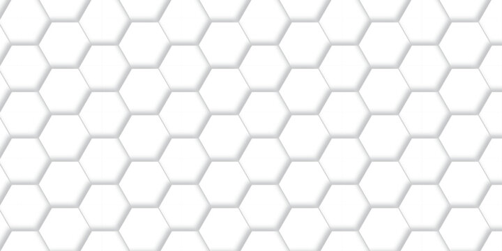 Vector abstract minimal white grid metal hexagon background. Embossed Hexagon, honeycomb white mosaic cell web light shadow texture wall decoration wallpaper design.