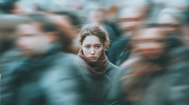 Social anxiety, above and blur with woman and people for panic attack, loneliness and fear. Mental health, depression and trauma with portrait of person in crowd for scared, ptsd psychology and sad