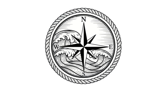Nautical Compass Rose with Waves and Rope Border