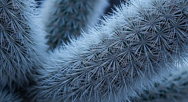Macro close-up photograph of a desert cholla skeleton showing intricate sharp thorn patterns against a dark moody and soft blue background lighting