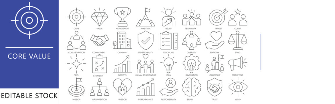 Core values line icons. Business ethics, corporate strategy, teamwork, trust, and ambition vector illustrations for web and graphic design.