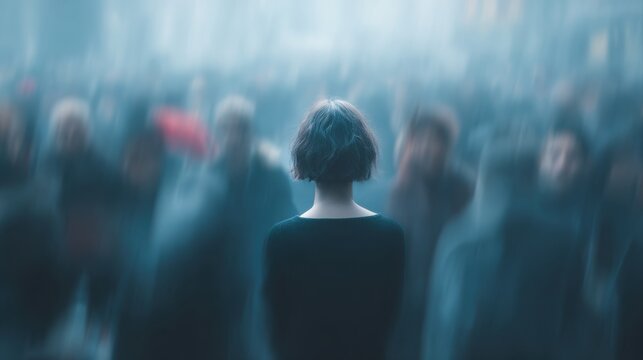Social anxiety, above and blur with woman and people for panic attack, loneliness and fear. Mental health, depression and trauma with portrait of person in crowd for scared, ptsd psychology and sad