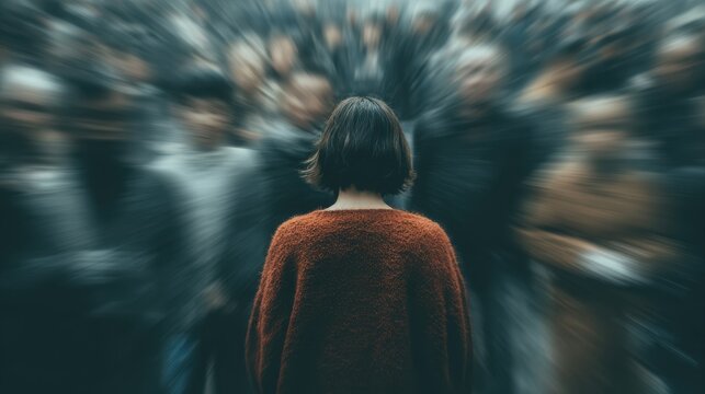 Social anxiety, above and blur with woman and people for panic attack, loneliness and fear. Mental health, depression and trauma with portrait of person in crowd for scared, ptsd psychology and sad