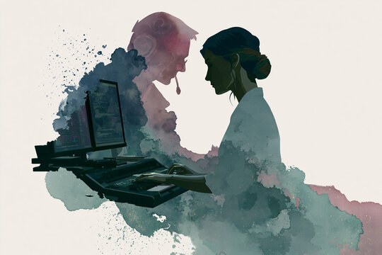 Watercolor silhouette illustration of software developers collaborating on digital product design
