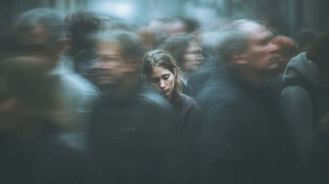 Social anxiety, above and blur with woman and people for panic attack, loneliness and fear. Mental health, depression and trauma with portrait of person in crowd for scared, ptsd psychology and sad