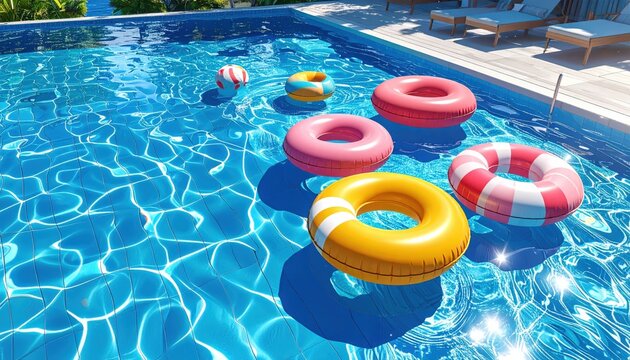 Fun Pool Float Summer Background with Colorful Inflatable Rings Floating on Rippling Turquoise Swimming Pool Water Surface
