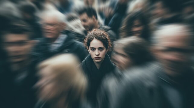 Social anxiety, above and blur with woman and people for panic attack, loneliness and fear. Mental health, depression and trauma with portrait of person in crowd for scared, ptsd psychology and sad