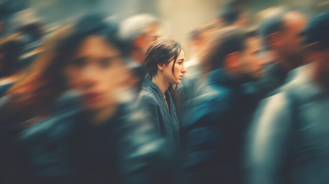 Social anxiety, above and blur with woman and people for panic attack, loneliness and fear. Mental health, depression and trauma with portrait of person in crowd for scared, ptsd psychology and sad