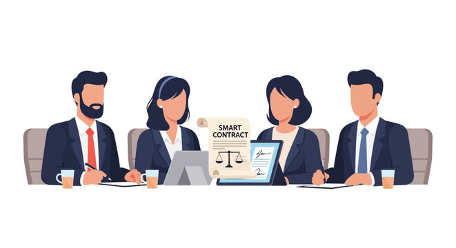 Professional Business Team Meeting and Discussing Smart Contract Digital Documents. EPS Editable. Vector Illustrations.