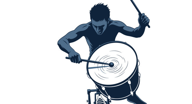 Musician playing large bass drum with drumsticks, energetic rhythm, isolated on white