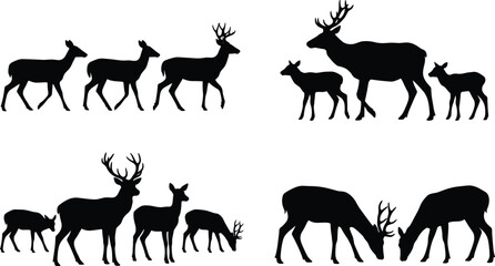Obraz premium Deer Family Silhouette Collection with Stag Doe and Fawn Wildlife Animal Vector Illustration Set