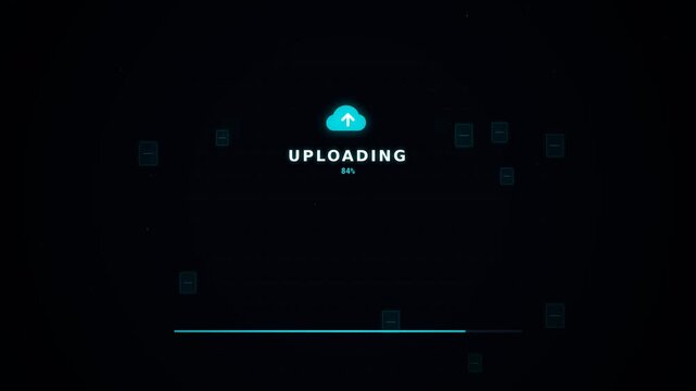 Digital cloud upload icon with a progress bar against a dark background filled with floating digital symbols and data elements
