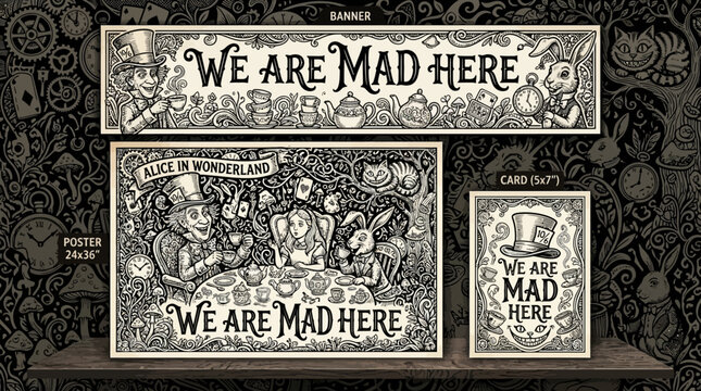 Alice in Wonderland Mad Hatter Tea Party Poster Banner Card Set