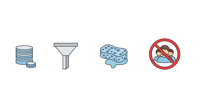 Set of four distinct flat vector icons featuring financial processing cleaning and restriction concepts. EPS Editable. Vector Illustrations.