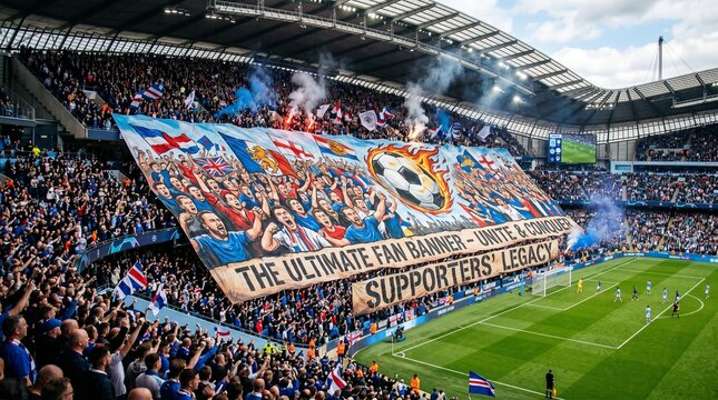 Vibrant soccer stadium with enthusiastic fans waving large banner cheering on team during exciting match on lush green field under cloudy sky sstkSports