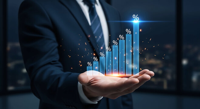 Businessman holding rising interest rate percentage growth bar chart in hand