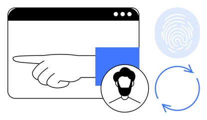 Online security, identity verification, user authentication, digital profiles, technology interaction, data privacy. Hand pointing, fingerprint icon profile portrait and circular arrows. Identity © robu_s