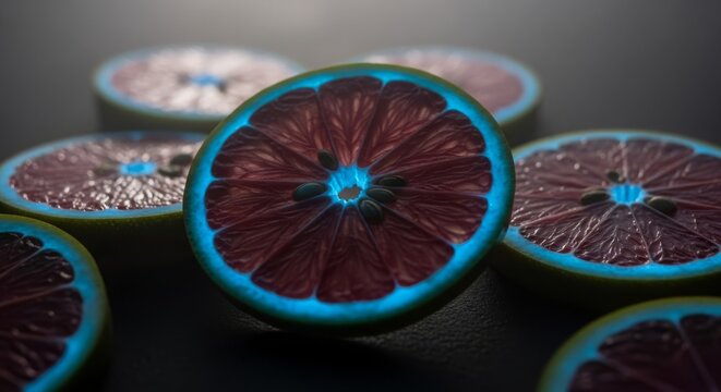 Close-up of a glowing bioluminescent citrus fruit slice with vibrant blue rim and dark interior, isolated on a dark surface