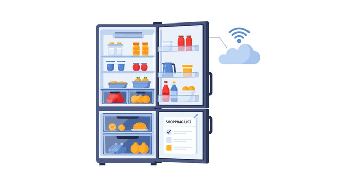 Smart Refrigerator with Cloud Connectivity and Interior Food Storage. EPS Editable. Vector Illustrations.